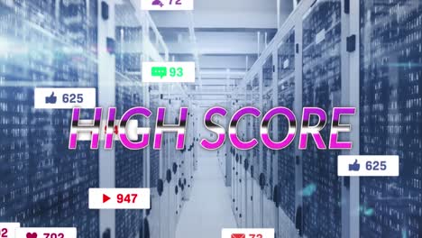 Animation-of-pink-text-high-score,-with-social-media-notifications-over-computer-server-room