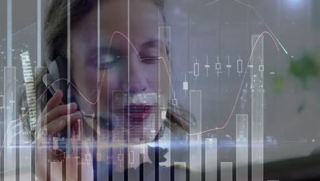 Animation-of-statistics-recording-over-businesswoman-using-phone-headset