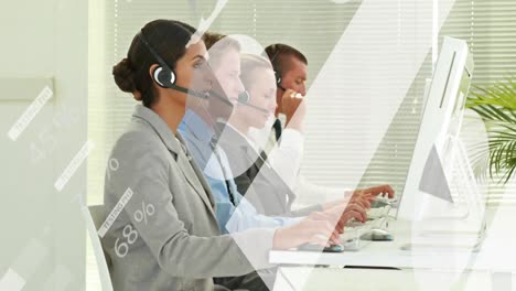 Animation-of-statistics-and-data-processing-over-business-people-wearing-phone-headsets