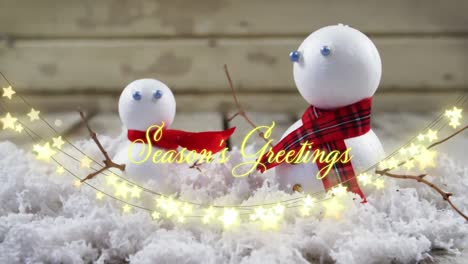 Animation-of-text,-season's-greetings,-in-yellow,-over-string-lights-and-snowman-decorations