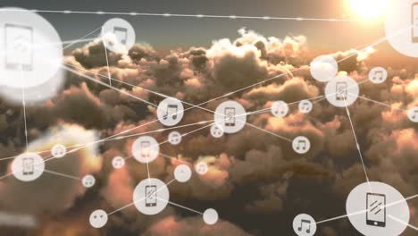Animation-of-networks-of-connections-with-icons-over-clouds-and-sky
