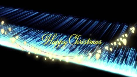 Animation-of-happy-christmas-text-over-fairy-lights-and-blue-light-trails