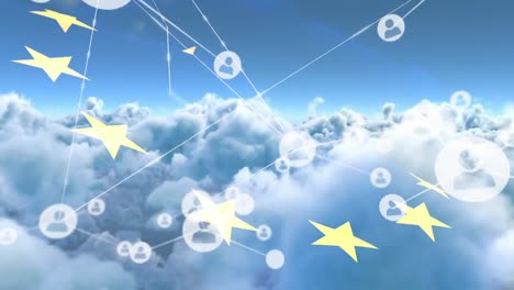 Animation-of-networks-of-connections-with-icons-over-european-union-flag,-clouds-and-sky