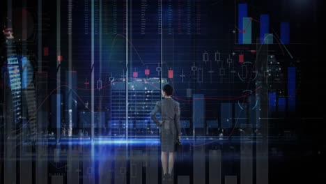 Animation-of-financial-data-processing-over-businesswoman-and-cityscape