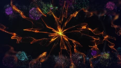 Animation-of-orange-energy-ball-and-colourful-fireworks,-on-black-background