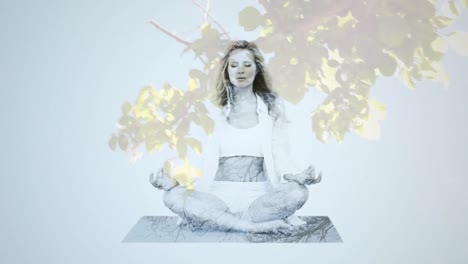 Animation-of-glowing-light-over-woman-practicing-yoga-against-trees-in-background