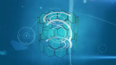 Digital-animation-of-network-of-connections-against-3d-hexagonal-shape-model-on-blue-background