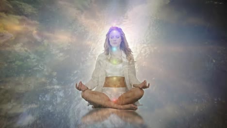 Animation-of-glowing-light-over-woman-practicing-yoga-against-trees-in-background