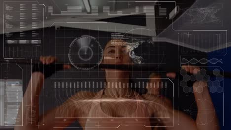 Animation-of-scope-scanning-and-data-processing-over-woman-exercising-in-gym