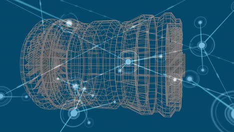 Digital-animation-of-network-of-connections-against-3d-cylindrical-shape-model-on-blue-background