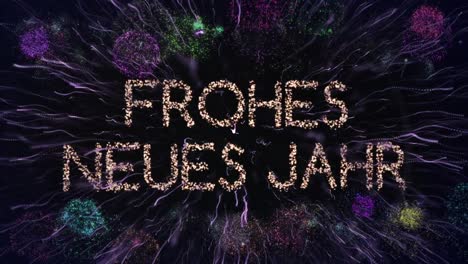 Animation-of-glittering-text-frohes-neues-jahr,-with-colourful-fireworks,-on-black-background