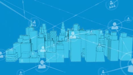 Digitale-Animation-Eines-Profilnetzwerks-Vor-Einem-3D-Stadtmodell,-Das-Sich-Auf-Blauem-Hintergrund-Dreht