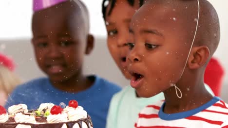 Animation-of-white-shapes-over-children-at-birthday-party