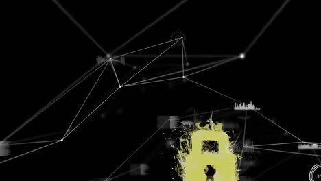 Digitale-Animation-Eines-Netzwerks-Von-Verbindungen-über-Einem-Brennenden-Sicherheitsvorhängeschloss-Symbol-Auf-Schwarzem-Hintergrund