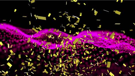 Animation-of-gold-confetti-falling-over-undulating-landscape-of-contoured-pink-dots