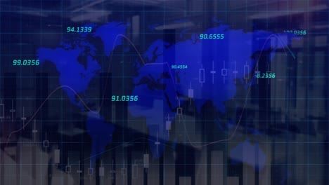 Animation-Von-Statistiken-Und-Zahlen,-Verarbeitung-Von-Finanzdaten-über-Einer-Weltkarte