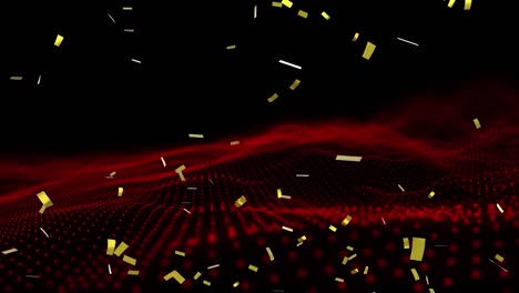 Animation-of-gold-confetti-falling-over-undulating-landscape-of-contoured-red-dots
