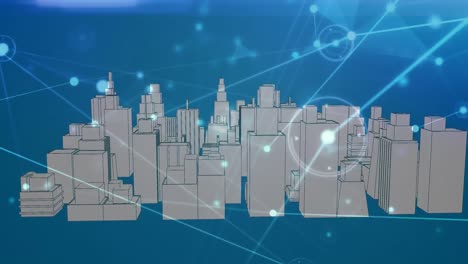 Animation-Eines-Netzwerks-Von-Verbindungen-über-Einer-Sich-Drehenden-3D-Stadtzeichnung