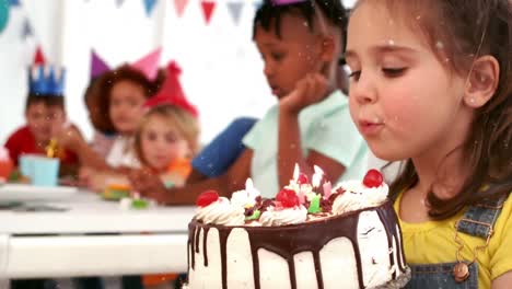 Animation-of-white-shapes-over-children-with-birthday-cake-at-birthday-party