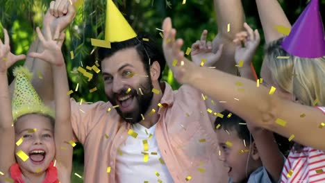 Animation-of-confetti-over-family-at-birthday-party