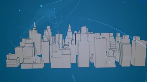Digital-animation-of-network-of-connections-against-3d-city-model-spinning-on-blue-background