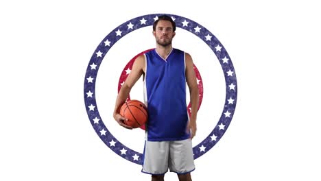 Porträt-Eines-Kaukasischen-Männlichen-Basketballspielers,-Der-Einen-Ball-Gegen-Sterne-Auf-Sich-Drehenden-Kreisen-Hält