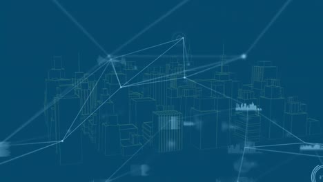 Digitale-Animation-Eines-Netzwerks-Von-Verbindungen-Vor-Einem-3D-Stadtmodell,-Das-Sich-Auf-Blauem-Hintergrund-Dreht