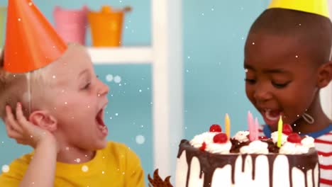 Animation-of-white-shapes-over-children-with-birthday-cake-at-birthday-party