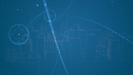 Lichtfleck-Und-Lichtspuren-über-Einem-3D-Stadtmodell,-Das-Sich-Vor-Blauem-Hintergrund-Dreht