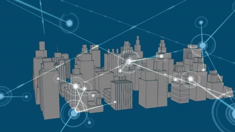 Digitale-Animation-Eines-Netzwerks-Von-Verbindungen-Vor-Einem-3D-Stadtmodell,-Das-Sich-Auf-Blauem-Hintergrund-Dreht