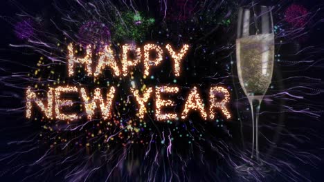 Animation-of-glittering-text-happy-new-year,-with-colourful-fireworks-and-champagne-glass,-on-black