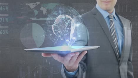 Animation-of-globe,-statistics-and-financial-data-processing-over-businessman-holding-tablet