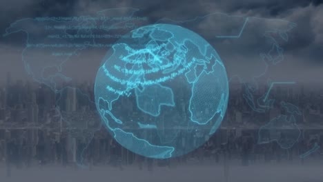 Animation-Der-Globusdrehung-Und-Datenverarbeitung-über-Der-Stadtlandschaft
