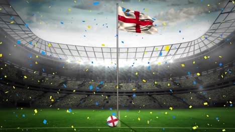 Animation-of-confetti-falling-over-england-flag-at-sports-stadium