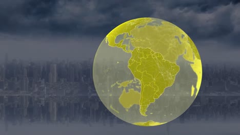 Animation-of-globe-spinning-over-cityscape