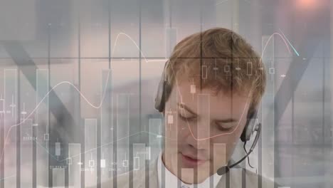 Animation-of-financial-and-statistic-data-processing-over-businessman-wearing-phone-headset