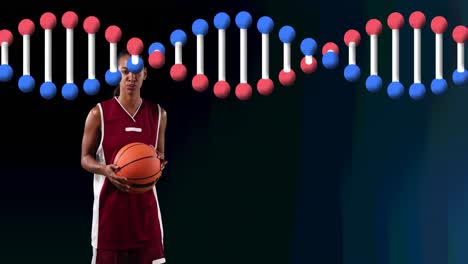 Animation-Eines-DNA-Strangs-über-Einer-Basketballspielerin,-Die-Einen-Ball-Hält