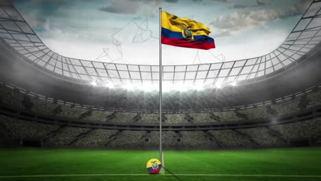 Animation-of-network-rotating-over-flag-of-ecuador-at-sports-stadium
