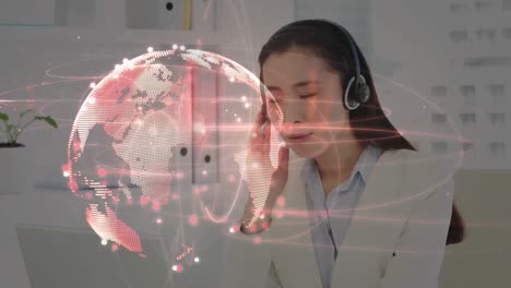 Animation-of-globe-and-connections-over-businesswoman-wearing-phone-headsets