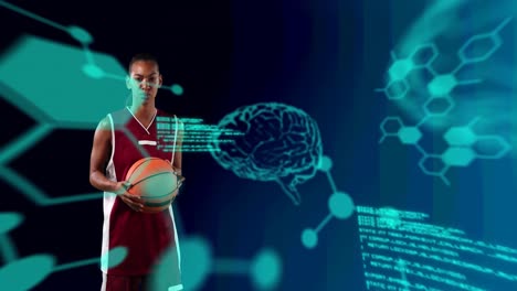 Animation-of-digital-brains-and-data-processing-over-female-basketball-player-holding-ball