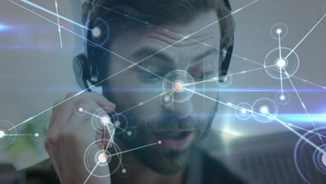 Animation-of-network-of-connections-over-businessman-wearing-phone-headset