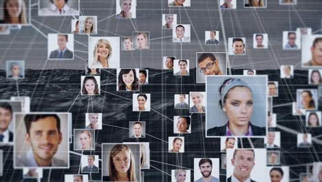 Animation-of-network-of-connections-with-people-photos-over-sea