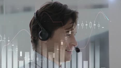 Animation-Der-Finanz--Und-Statistikdatenverarbeitung-über-Einem-Geschäftsmann-Mit-Telefon-Headset
