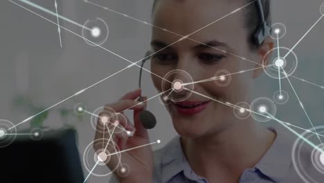 Animation-of-network-of-connections-over-businesswoman-wearing-phone-headset
