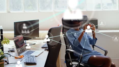Animation-Von-Verbindungsnetzwerken-Und-Einer-Geschäftsfrau,-Die-Ein-Telefon-VR-Headset-Trägt