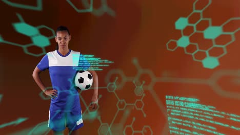 Animation-Chemischer-Strukturen-über-Einer-Fußballspielerin,-Die-Den-Ball-Hält