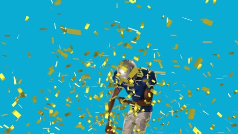 Animation-of-confetti-falling-over-american-football-player-with-ball-on-blue-background