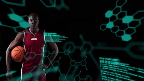 Animation-Chemischer-Strukturen-über-Einem-Männlichen-Basketballspieler,-Der-Einen-Ball-Hält