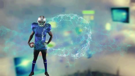 Animation-of-digital-brain-spinning-over-male-american-football-player-holding-ball