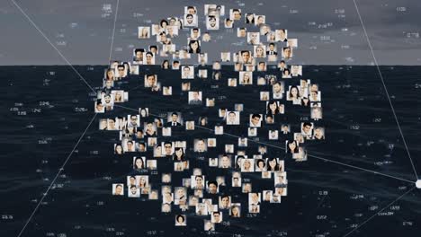 Animation-of-network-of-connections-with-people-photos-over-sea